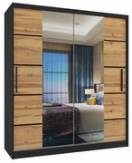 Šatníková skriňa 133 cm Belini čierny mat / dub wotan s posuvnými dverami zrkadlom a zásuvkami  ME SZP6/1/B/DW/0/KLP