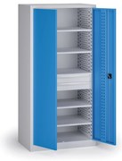 Policová dielenská skriňa na náradie KOVOS, perforovaný panel, 5 polic, 2 zásuvky, 950 x 600 x 1950 mm, modrá