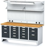 Alfa 3 Dielenský stôl MECHANIC I, perfopanel, polica, el. zásuvky, osvetlenie, 2x 5 a 2x 3 zásuvkový box na náradie, 16 zásuviek, antracit