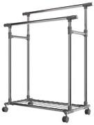 Kovový stojan na oblečenie na kolieskach, 2 tyče + police