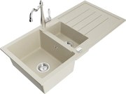 Mexen Andres granitový 1,5-komorový drez s odkvapkávačom a kuchynskou batériou Carla, Béžová - 6515-69-670700-00