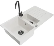 Mexen Matias, granitový drez 900x505x200 mm, 1,5-komorový a čierna batéria Telma, biela, 6502-20-670200-70