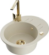 Mexen Kevin granitový jednokomorový drez s odkvapkávačom a kuchynskou batériou Rita, Béžová - 6517-69-670300-50