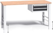 Výškovo nastaviteľný pracovný stôl do dielne G3 so závesným boxom na náradie, buková škárovka, 2 zásuvky, 1500 x 685 x 840 - 1050 mm, grafit