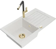 Mexen Pablo, 1-komorový granitový drez 752x436x161 mm a drezová batéria Flora, biela, 6510-20-670401-57-G