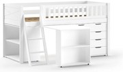 Detská vyvýšená postel Scott s knižnicou, stolíkom a komodou biela 90x200cm
