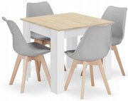 Jedálenská zostava stôl Dub sonoma 80 X 80 cm biele nohy + 4 stoličky MARK sive