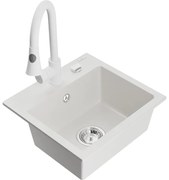 Mexen Milo, 1-komorový granitový drez 435x410x171 mm a drezová batéria Elia, biela, 6505-20-670101-20