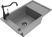 Mexen Elias granitový jednokomorový drez s odkvapkávačom a kuchynskou batériou Carla, Šedá - 6511-71-670700-70-B