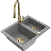 Mexen Carlos, 1,5-komorový granitový drez 582x475x177 mm a drezová batéria Savita, šedá, 6518-71-672601-50