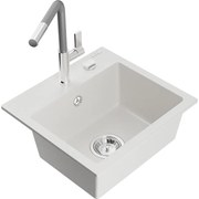 Mexen Milo, 1-komorový granitový drez 435x410x171 mm a drezová batéria Flora, biela, 6505-20-670401-06