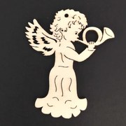 AMADEA Drevená ozdoba anjel s lesným rohom 6 cm