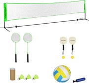 SPORTNOW súprava na bedminton, bedmintonová sieť s podstavcom, košíky, 4 rakety, nastaviteľná volejbalová sieť, s prenosnou taškou, do interiéru a ext