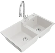 Mexen Tomas, granitový drez 800x500x190 mm, 2-komorový a drezová batéria Savita, biela, 6516-20-672601-00