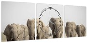 Obraz - Slonie stádo (s hodinami) (90x30 cm)