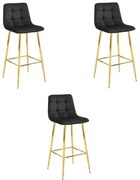 Set troch barových stoličiek ARCETO zamatové čierne (zlaté nohy) 3 ks