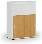 Kombinovaná kancelárska skriňa so zásuvnými dverami PRIMO WHITE, 800 x 420 x 1087 mm, biela/buk
