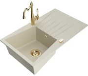 Mexen Cesar, 1-komorový granitový drez 775x470x190 mm a drezová batéria Carla, béžová, 6514-69-670700-50