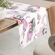 Biante Detský bavlnený behúň na stôl Sandra SA-464 Slony s fialovou dúhou na bielom 20x120 cm