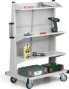 Pojazdný dielenský stojan na náradie a boxy, perforovaná stena, 3 police, prázdny
