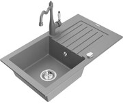 Mexen Pablo, 1-komorový granitový drez 752x436x161 mm a drezová batéria Carla, šedá, 6510-71-670700-71