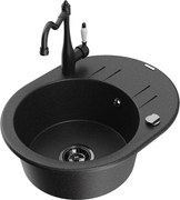 Mexen Kevin granitový jednokomorový drez s odkvapkávačom a kuchynskou batériou Carla, Čierna/Strieborná metalíza - 6517-73-67070