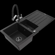 Mexen Andres granitový 1,5-komorový drez s odkvapkávačom a kuchynskou batériou Duo, Čierna - 6515-77-671701-07-B