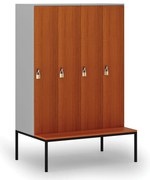 Drevená šatníková skrinka S4 s lavičkou, 4 oddiely, 1871 x 1200 x 500/800 mm, demont, otočný zámok, sivá/čerešňa