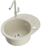 Mexen Kevin, 1-komorový granitový drez 586x458x190 mm a drezová batéria Flora, béžová, 6517-69-670401-09