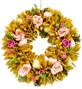 Jarný veniec z drevených hobliniek s kvetmi ružičiek, 30 cm