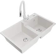 Mexen Tomas, granitový drez 800x500x190 mm, 2-komorový a drezová batéria Savita, biela, 6516-20-672601-20