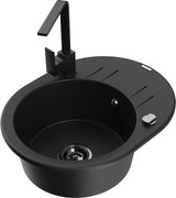 Mexen Kevin granitový jednokomorový drez s odkvapkávačom a kuchynskou batériou Rita, Čierna - 6517-77-670300-70-B