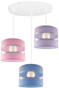 Závesné svietidlo Elegance, 3x textilné tienidlo (modré, ružové, fialové), biela konštrukcia