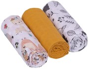 Baby Nellys Mušelínové plienky 3ks Lux - Boho, zvieratká, 70 x 80 cm, horčicová/biela