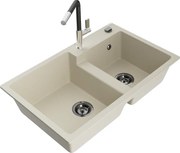 Mexen Tomas granitový dvojkomorový drez s kuchynskou batériou Flora, Béžová - 6516-69-670401-07-B