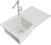 Mexen Cesar, 1-komorový granitový drez 775x470x190 mm a drezová batéria Flora, biela, 6514-20-670401-00