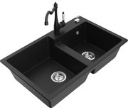 Mexen Tomas, granitový drez 800x500x190 mm, 2-komorový a drezová batéria Carla, čierna, 6516-77-670700-70