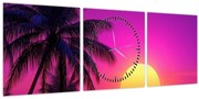 Obraz - Fialový západ s palmou (s hodinami) (90x30 cm)