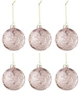 6ks ružová vianočná sklenená ozdoba s ružami a trblietkami S - Ø 8 cm