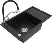 Mexen Elias granitový jednokomorový drez s odkvapkávačom a kuchynskou batériou Duo, Čierna - 6511-77-671701-07