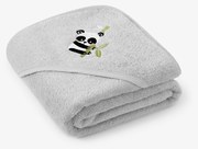 Goldea detská froté osuška s kapucňou - panda na svetlo sivej 100 x 100 cm