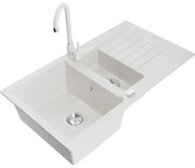 Mexen Matias, 1,5-komorový granitový drez s odkvapkávačom 90x50 cm a kuchynskou batériou Telma, biela, 6502-20-670200-20