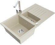Mexen Matias, granitový drez 900x505x200 mm, 1,5-komorový a chrómová batéria Rita, béžová, 6502-69-670300-00