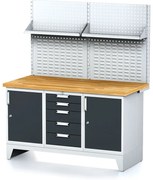 Alfa 3 Dielenský stôl MECHANIC I , perforovaný panel, polica, 2 skrinky a zásuvkový box na náradie, 5 zásuviek, 1500x685x880 mm, antracit