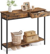 Konzolový stolík, s 2 zásuvkami, oceľový rám, 30 × 100 × 80 cm, rustikálna hnedá farba