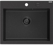 Mexen Elix, 1-komorový granitový drez 600 x 500 mm, čierna/strieborná metalíza, čierny sifón - 6525601005-73-B