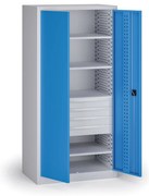 Policová dielenská skriňa na náradie KOVOS, 4 police, 4 zásuvky, perforovaná, 950 x 600 x 1950 mm, modrá