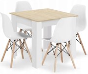 Jedálenská zostava stôl Dub sonoma/ biele nohy 80 X 80 hnedé nohy + 4 stoličky OSAKA biele/ prírodné nohy