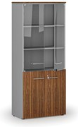 Kombinovaná kancelárska skriňa PRIMO GRAY s drevenými a sklenenými dverami, 800 x 420 x 1781 mm, sivá/orech