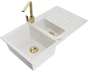 Mexen Matias, granitový drez 900x505x200 mm, 1,5-komorový a zlatá batéria Rita, biela, 6502-20-670300-50